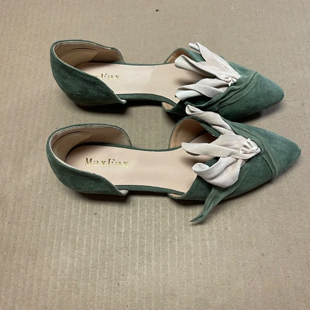 MaxFax Size 6 Green Eco-Suede D'Orsay Floral Petal Pointed Toe Flat Shoes NWOB - Picture 3 of 8